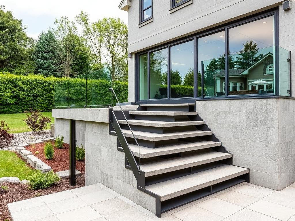 Escalier Emmarchement terrasse — Acier, pierre, bois exotique