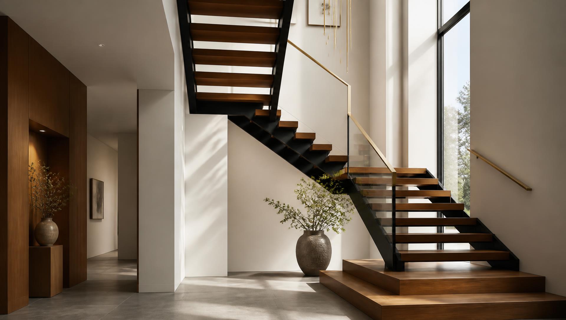 Escalier intérieur sur mesure en acier noir et chêne massif dans un hall lumineux