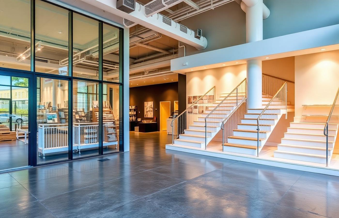 Showroom Lux Art avec plusieurs modèles d'escaliers et de garde-corps exposés